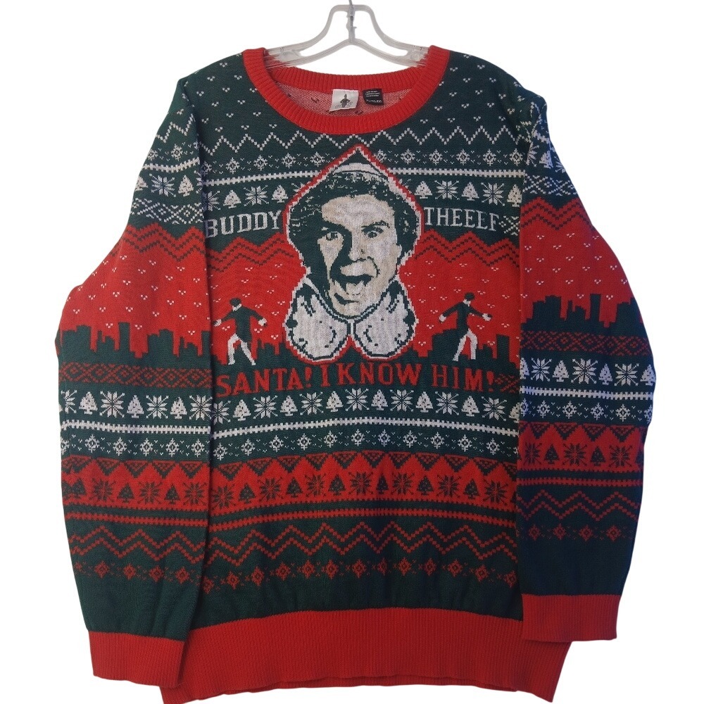 Elf Christmas Sweater Mens XL Red Green Buddy The Elf Santa I Know Him Fair Isle